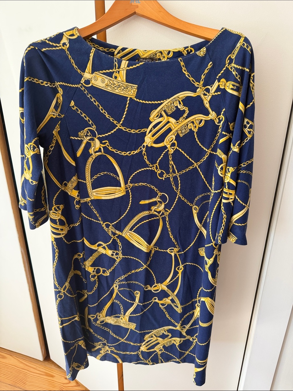 J. McLaughlin Navy and Gold Chain-Print Midi Dress
